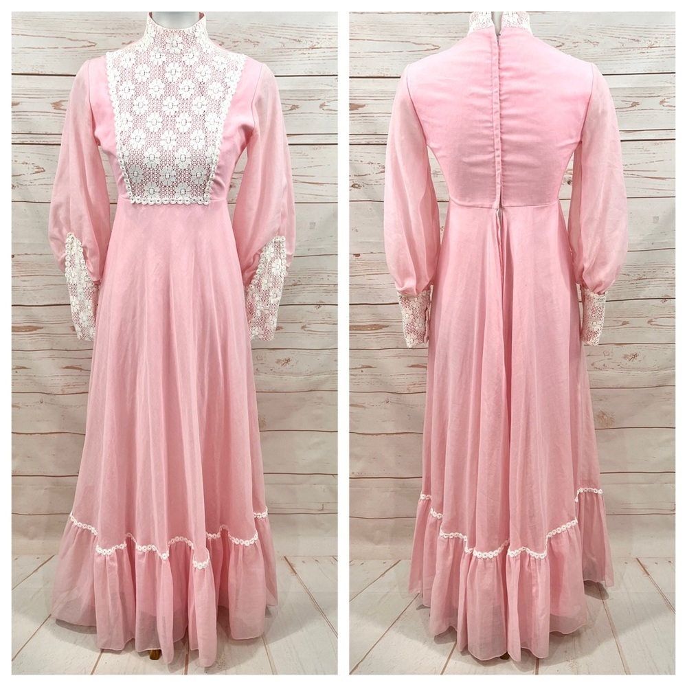 Vintage Pink Antique Floral Lace Cottagecore Prairie Maxi Dress